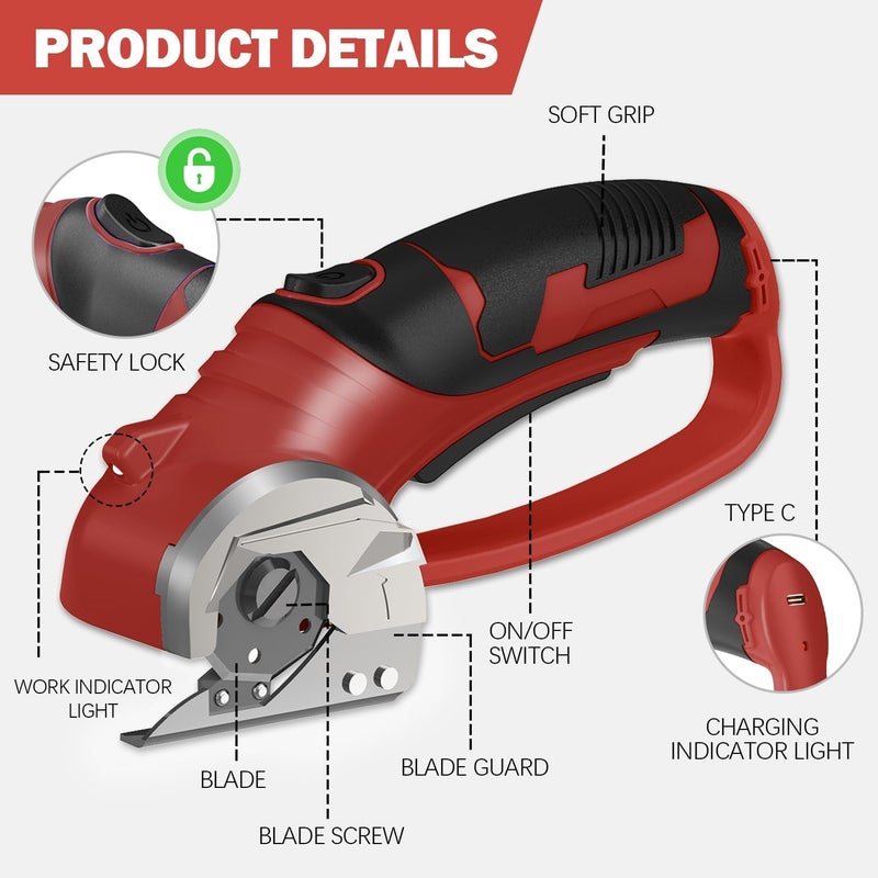 Pratuor Cordless Electric Scissors, 4V Box Cutter & Cardboard Cutter with 2 Titanium Blades - Rotary Cutter with LED Light for Fabric, Leather, Carpet, Plastic, Crafting + Storage Case (Red) - Image 5